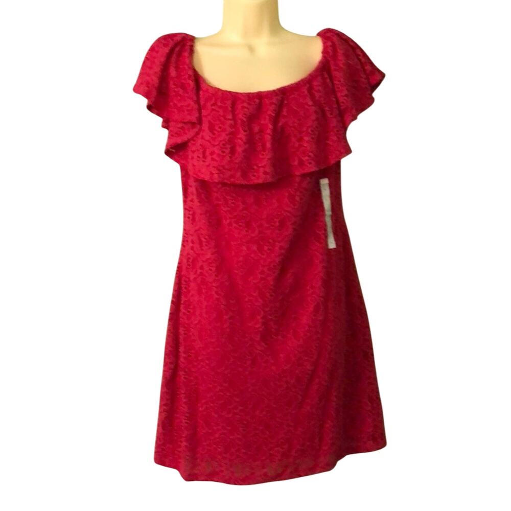 Tiana B. Bright Pink Lace Dress Woman Size Large Off Shoulder Romantic Ruffle